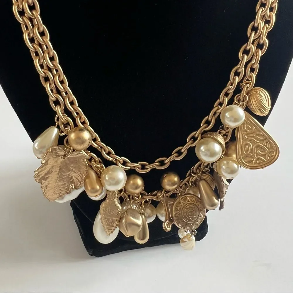 Pearl Gold Tone Dual Chain Charm Necklace